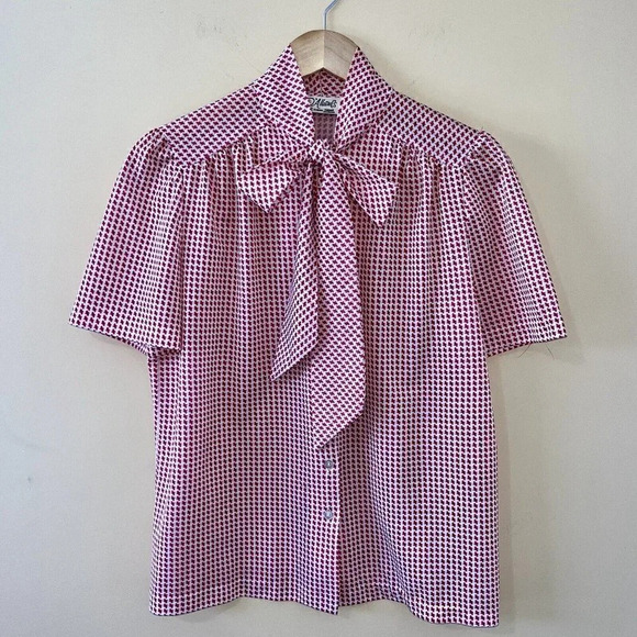 Vintage| 1970s D’Allaird’s Red/White Houndstooth Button Up Shirt Bow Collar 4 - Picture 2 of 6